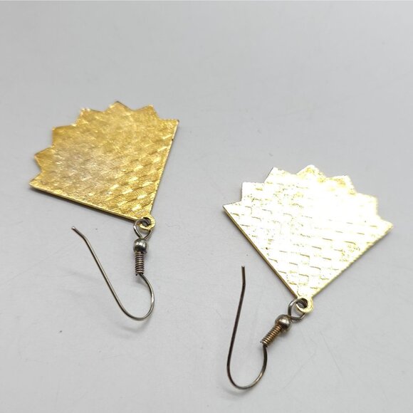 Vintage Cloisonné Fan Shaped Dangle Earrings Floral Design Gold-Tone - Picture 3 of 4